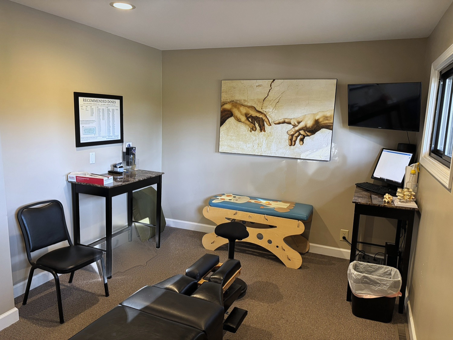 Kid-friendly pediatric chiropractic room with a giraffe bench at Soldano Family Chiropractic in Kalamazoo